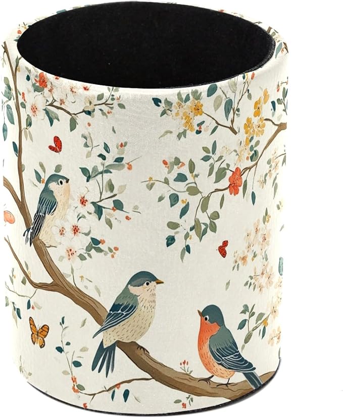 Leather Pen Holder for Desk, Birds Branches Butterflies Pencil Cup Pen by Unknown