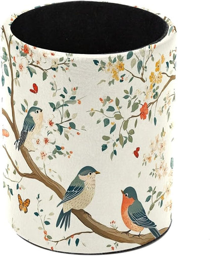 Leather Pen Holder for Desk, Birds Branches Butterflies Pencil Cup Pen by Unknown
