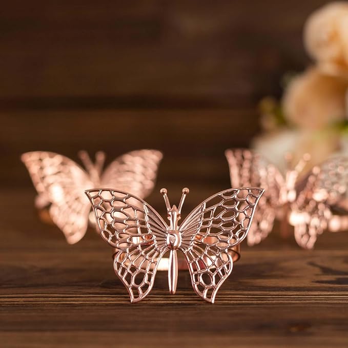 Efavormart 4 Pack | Metallic Blush Rose Gold Laser Cut Butterfly Napkin Rings - Image 8