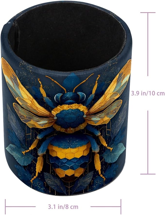 Leather Pen Holder for Desk, Bee Pencil Cup Pen Organizer Makeup Brush Holder - Image 3