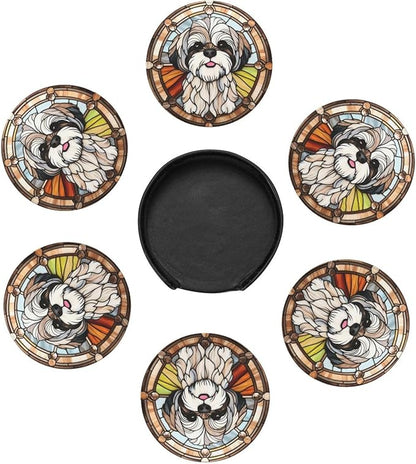Drink Coaster Set of 6, Shih Tzu Dog Mom Lover Gift,Leather Drink Coasters with Holder,6 Pack Cup/Bar/Drink Coasters for Table/Drinks/Coffee Protection Housewarming Gift
