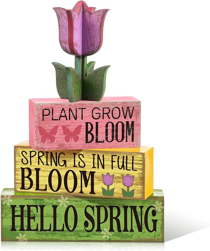 Moucuny 4 Pcs Spring Table Decoration Wooden Stacked Block Decor by Moucuny