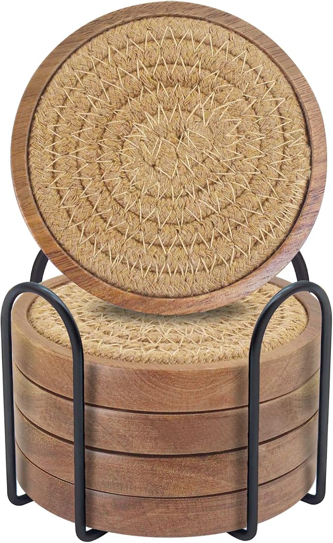 Wood Coasters for Drinks, Eykao Absorbent Coaster Sets of 5, Woven Drink by Eykao