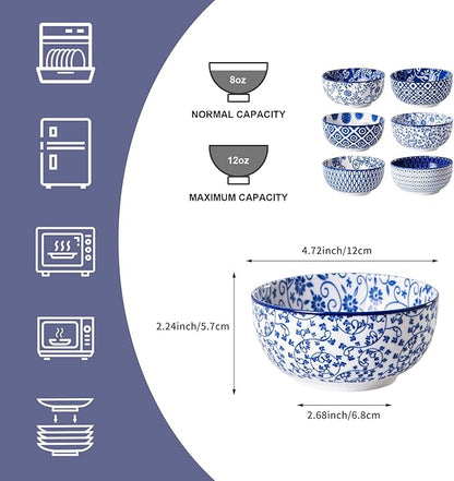 Ceramic Dessert Bowls Set - 11 Oz Small Ice Cream Bowl for kitchen - 4.7 Inch Porcelain Cereal Bowl for Fruits, Salad, Side Dishes, Ramen - Microwave Dishwasher Safe - Set of 6 - Vintage Blue