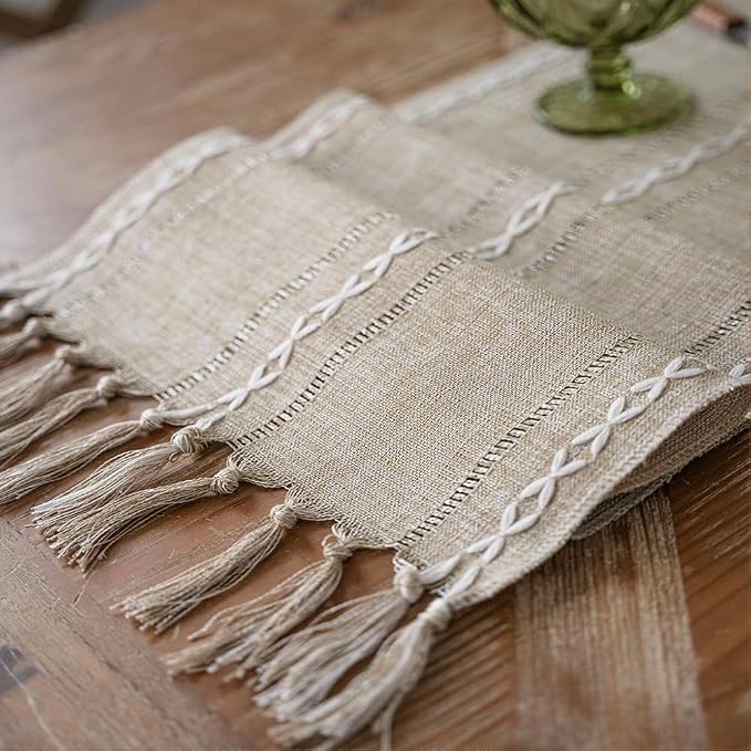 Boho Table Runner with Tassels, Handwoven with Weave Texture Fringe - Image 5