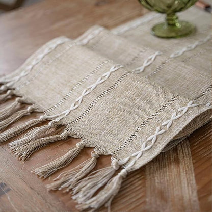 Boho Table Runner with Tassels, Handwoven with Weave Texture Fringe - Image 5
