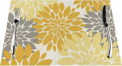 Boho Placemats 12x18 Inches Set of 4, Yellow Gray Dahlia Floral Decorative Place mats Fall Rectangle Flower Table Mats for Party Home Kitchen Dining Table Decor