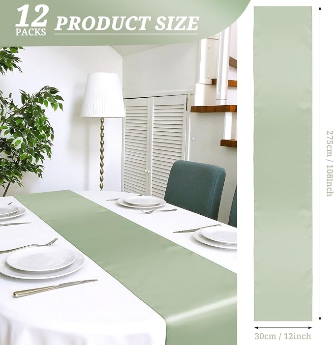 12 Pack Sage Green Satin Table Runner 12 x 108 Inch Long Premium Table Runners - Image 2
