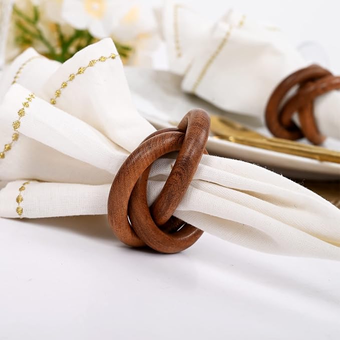 Brown Wood Napkin Rings Set of 8, 3-Ring Rustic | Natural wood, smooth edges - Image 5