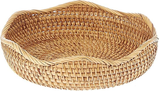Hipiwe Natural Rattan Tray Wicker Storage Bowls Hand Woven Basket Tray for Bread Fruit Key Round Fruit Baskets for Kitchen Entryway Tabletop Decorative Baskets Bowl,10 Inches