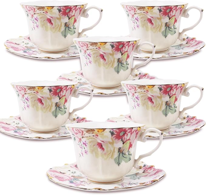 TATSUMI Country Roses 18 Peices Bone China Tea Cup And Saucer Set, English by TATSUMI