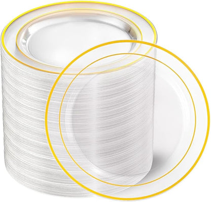 I00000 100PCS Clear Gold Plastic Plates, Clear Dinner Plates with Gold Rim 10 Inch, Fancy Disposable Wedding Premium Plastic Plate for Wedding & Party