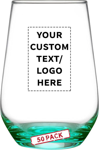 DISCOUNT PROMOS 50 Vaso Silicia Stemless Wine Glasses Set, 16 oz. - Personalized Text, Logo - Clear, Orb-Like, Thick base - Green