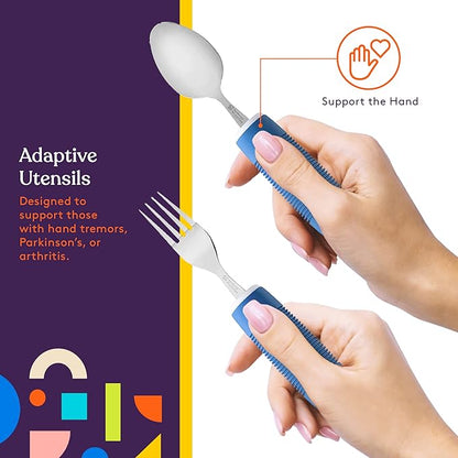 Special Supplies Adaptive Utensils (5-Piece Kitchen Set) Wide, Non-Weighted, Non-Slip Handles for Hand Tremors, Arthritis, Parkinson’s or Elderly Use - Stainless Steel Knives, Fork, Spoons - Blue