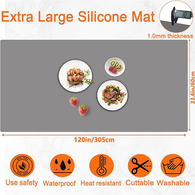 120"x24''(305cmx60cm) Extra Large Silicone Mat for Kitchen Counter, Heat Resistant Countertop Protector, Non-Slip Waterproof Kitchen Island Mat, Easy to Clean, Light Gray