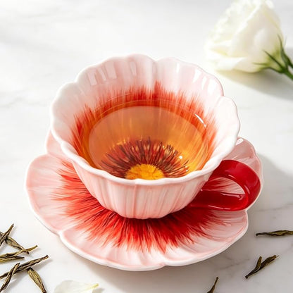 8.8 oz Tea Cups and Saucers, Flower-Shaped Ceramic Latte Art Cappuccino Cup and by Unknown