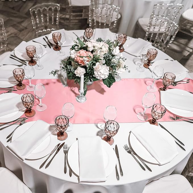 Queekay 24 Pcs 84'' Round Plastic Tablecloth Satin Runner Set, Rose Gold | 84'' - Image 7