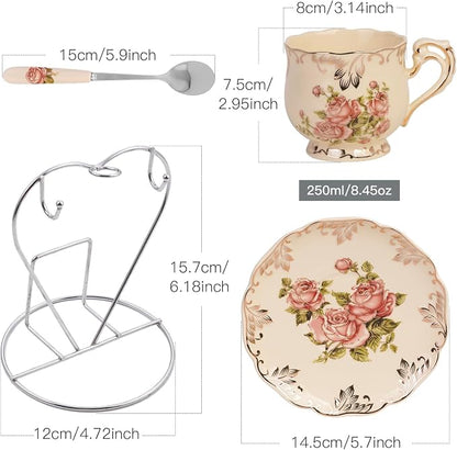 YOLIFE Tea Cups and Saucers Set of 2, 8 OZ Pink Rose Tea Cups Set | Ivory - Image 3
