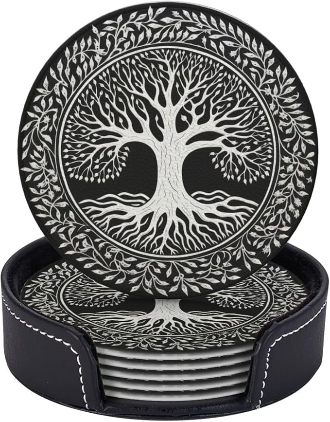 Drink Coasters with Holder Stand Set of 6, Tree of Life Stamp Pu Leather by Unknown
