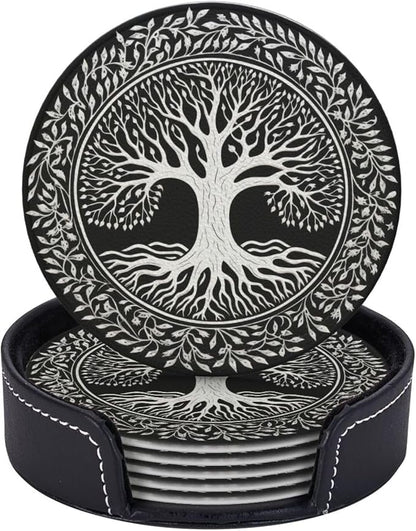 Drink Coasters with Holder Stand Set of 6, Tree of Life Stamp Pu Leather by Unknown