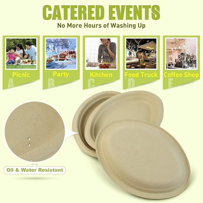 Green Earth, 10-Inch, 125-Count, Compostable Plates, Natural Bamboo Fibers, Everyday Tableware - Biodegradable Disposable Oval Shape Microwave-Safe Gluten-Free Eco-Friendly