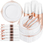 Hioasis 350pcs Rose Gold Plastic Plates - Elegant Disposable Dinnerware Set Suitable for 50 Guests Include 10.25" Dinner & 7.5" Dessert Plates, Pre Rolled Silverware Set, Cups for Party & Thanksgiving