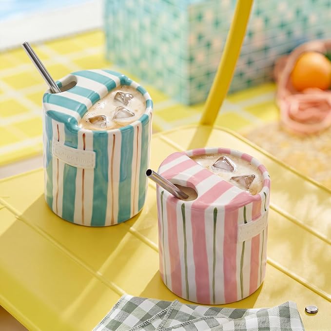 2 Pack Ceramic Coffee Mug with Sip Hole Espresso Cup 10oz with Straws Retro - Image 7
