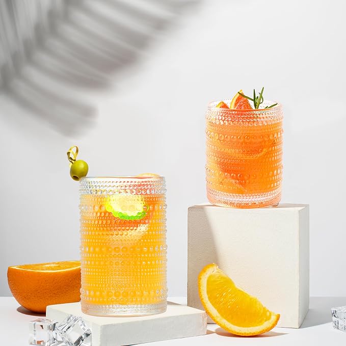 Hobnail Drinking Glasses Set of 12, 12 oz Highball Glassware & 10 oz Cocktail - Image 2