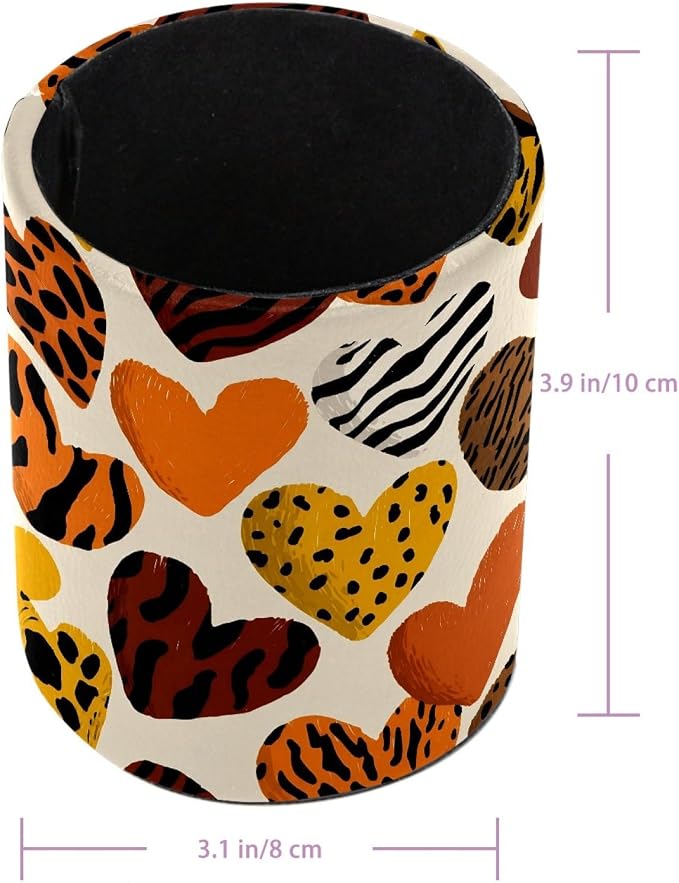 Leather Pen Holder for Desk, Leopard Heart Pencil Cup Pen Organizer Makeup - Image 3