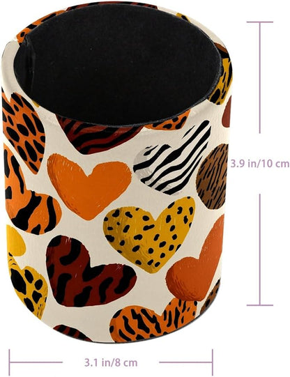 Leather Pen Holder for Desk, Leopard Heart Pencil Cup Pen Organizer Makeup - Image 3