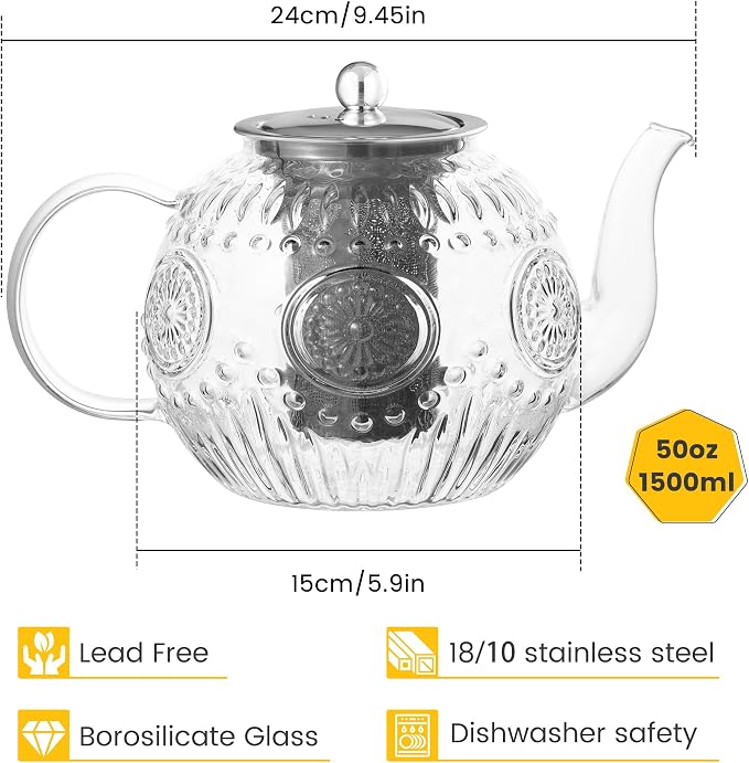 Amzcku 50OZ/1500ml Vintage Glass Teapot - Image 2