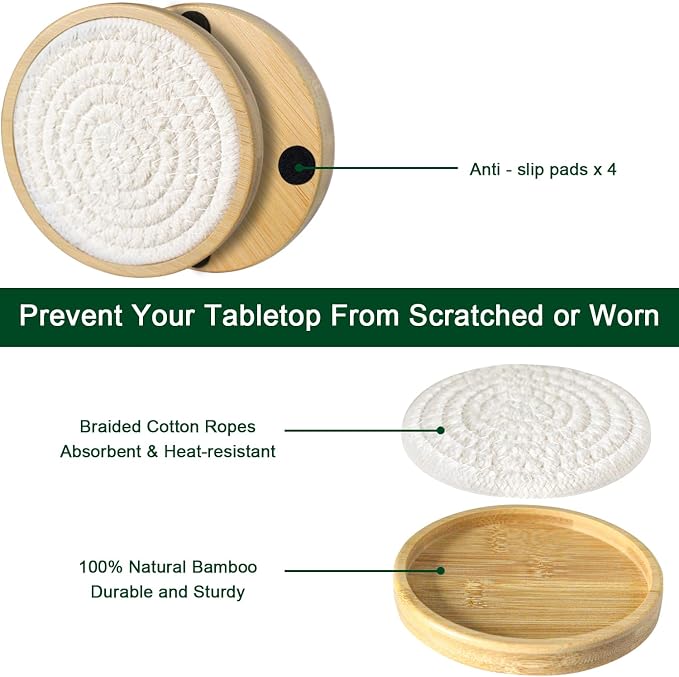 Wood Coasters for Drinks, Eykao Absorbent Coaster Sets of 5, Woven Drink - Image 5