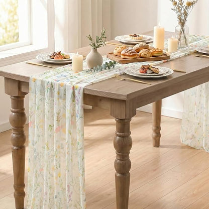 Artoid Mode Floral Spring Boho White Chiffon Table Runner 120 Inches 10FT - Image 5