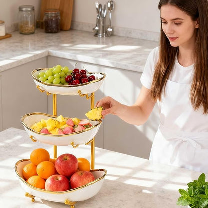 jessie 3 Tier Fruit Bowls for Kitchen Counter,Ceramic Large Fruit Basket Stand,Metal Fruit Serving Tray Snacks Nuts Cake Storage Holder (Gold 1)
