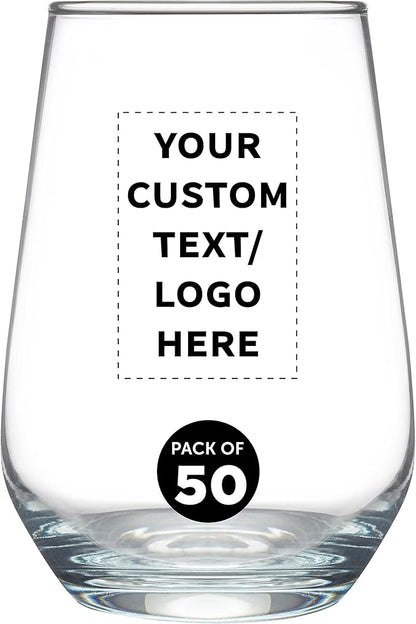 DISCOUNT PROMOS 50 Vaso Silicia Stemless Wine Glasses Set, 16 oz. - Personalized Text, Logo - Clear, Orb-Like, Thick base - Clear