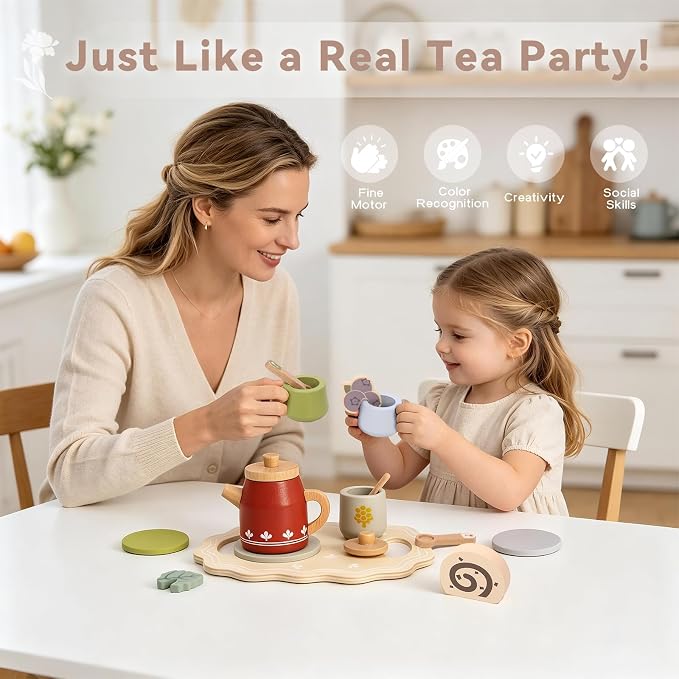 Wooden Tea Set for Little Girls, Play Food Sets for Kids Pretend Play Kitchen - Image 4