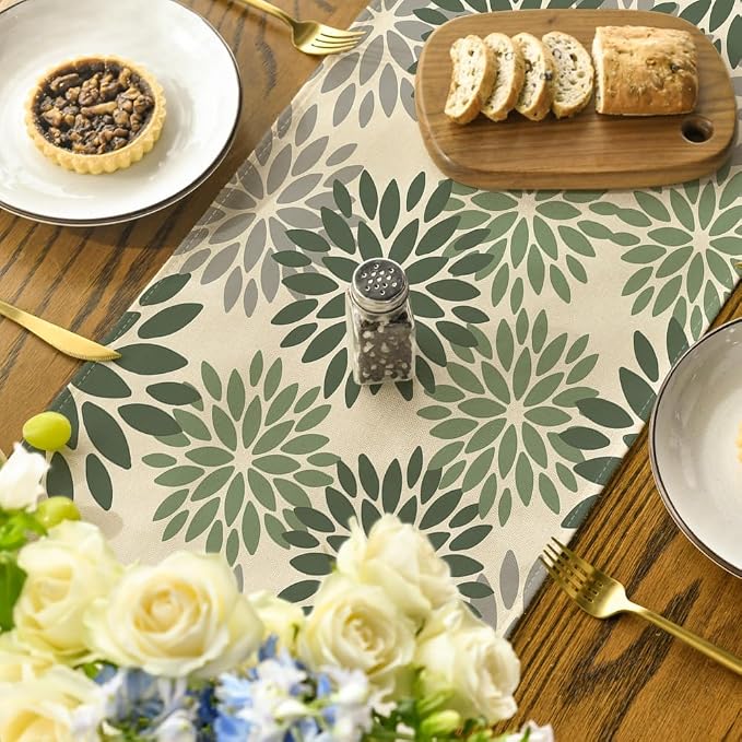 Artoid Mode Green Dahlia Aqua Floral Pinnata Flower Table Runner, Seasonal - Image 4