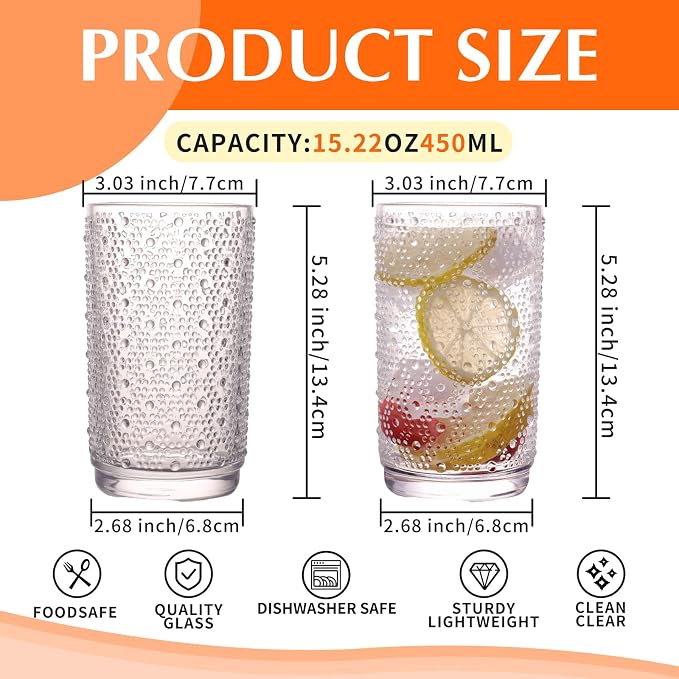 Set of 6 Hobnail Drinking Glasses, 15 oz Clear, Vintage Glass Cups, Textured - Image 2