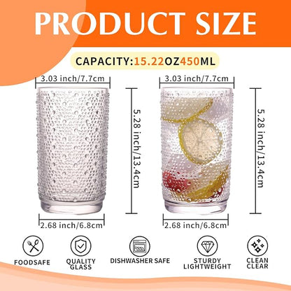 Set of 6 Hobnail Drinking Glasses, 15 oz Clear, Vintage Glass Cups, Textured - Image 2