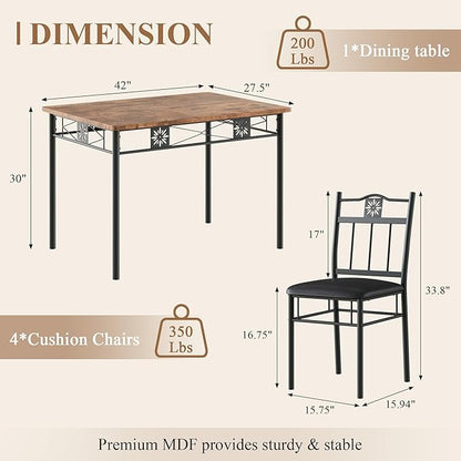 VECELO Dining Table Set for 4, 5-Piece Wood Kitchen Table with Upholstered Padded Chairs for Small Space, Breakfast Nook, Space-Saving, Brown