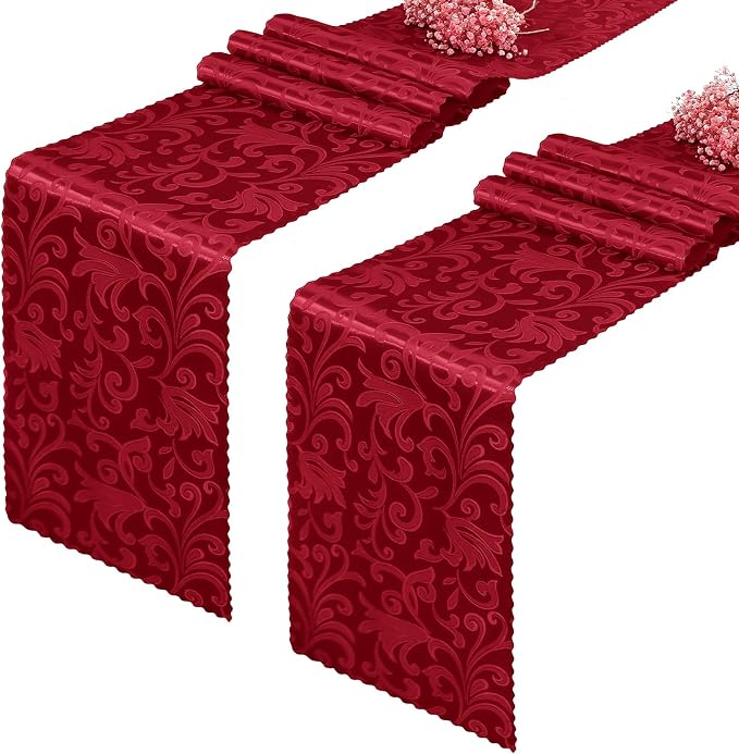 Red Satin Table Runner 12 x 108 Inch, 2 Pack | Bright Smooth Damask, Silky by Eychei