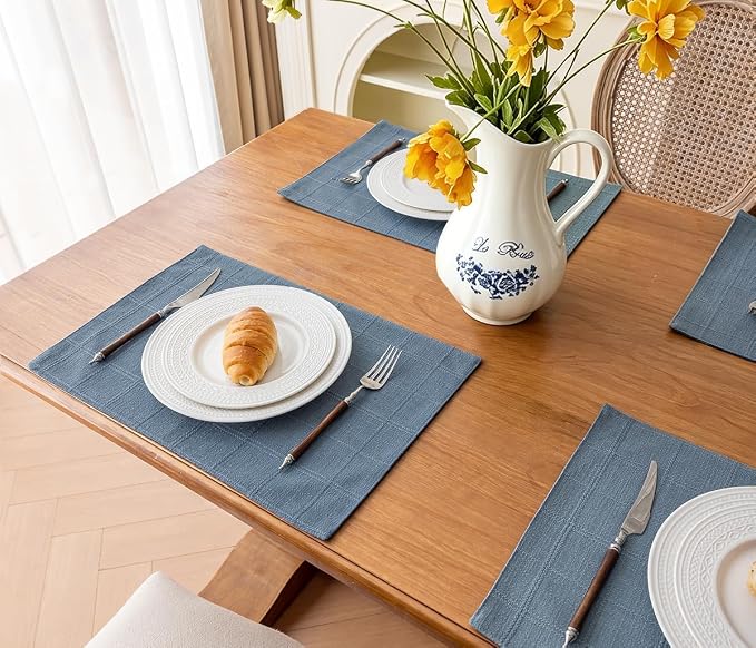 Linen Checked Placemats Set of 6, Machine Washable, Thick Textured Farmhouse - Image 5