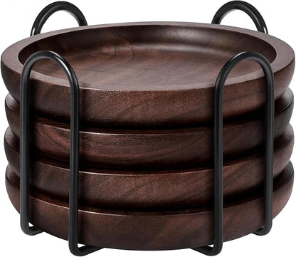 Wood Coasters Set of 4 with Holder, 4 Inch 100% Natural Walnut Wooden Drink by MAPRIAL