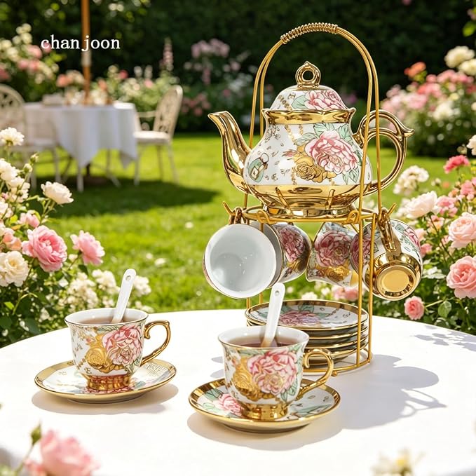 CHANJOON Gold Plated Red Rose Ceramic Tea Set, Vintage Tea Sets - Image 6