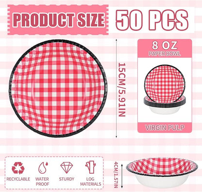 50 Pack Small Paper Bowls, 8 Oz Disposable Soup Bowl, Gingham Disposable Bowls - Image 2