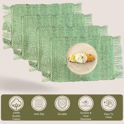 Perilla Home Natural Chindi Jute Placemat Set of 4 Vintage Boho 13x19 Inch Table Mats for Kitchen Dining Home Decor Rectangle Placemats (Green)