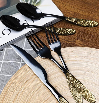 TWEE Black Gold Silverware Set for 4 Unique 18/10 Stainless Steel 20 Flatware Set Beautifully Embossed Floral Pattern Mirror Polished Kitchen Utensils Set for Home Restaurant Tableware