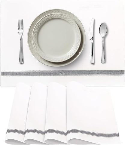Premium Cloth Striped Placemats Set of 4 – 100% Soft Durable Jacquard Woven Cotton Table Placemats with Stain-Release Fabric – Machine Washable for Dining Table – Grey, 20"x14"