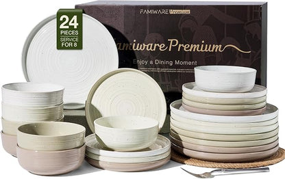 Stoneware Dinnerware Set for 8, Plates & Bowls, Chip & Scratch Resistant by FamiwarePremium