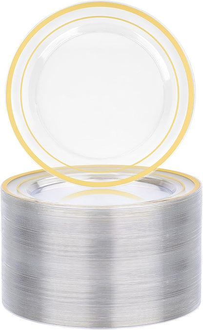 BESTVIP 100PCS 7 Inch Clear Plastic Dessert Plates, Disposable Salad Plate with Gold Rim, Heavy Duty Plastic Small Cakes Plates for Party, Wedding and Birthday, Christmas, Thanksgiving, Events